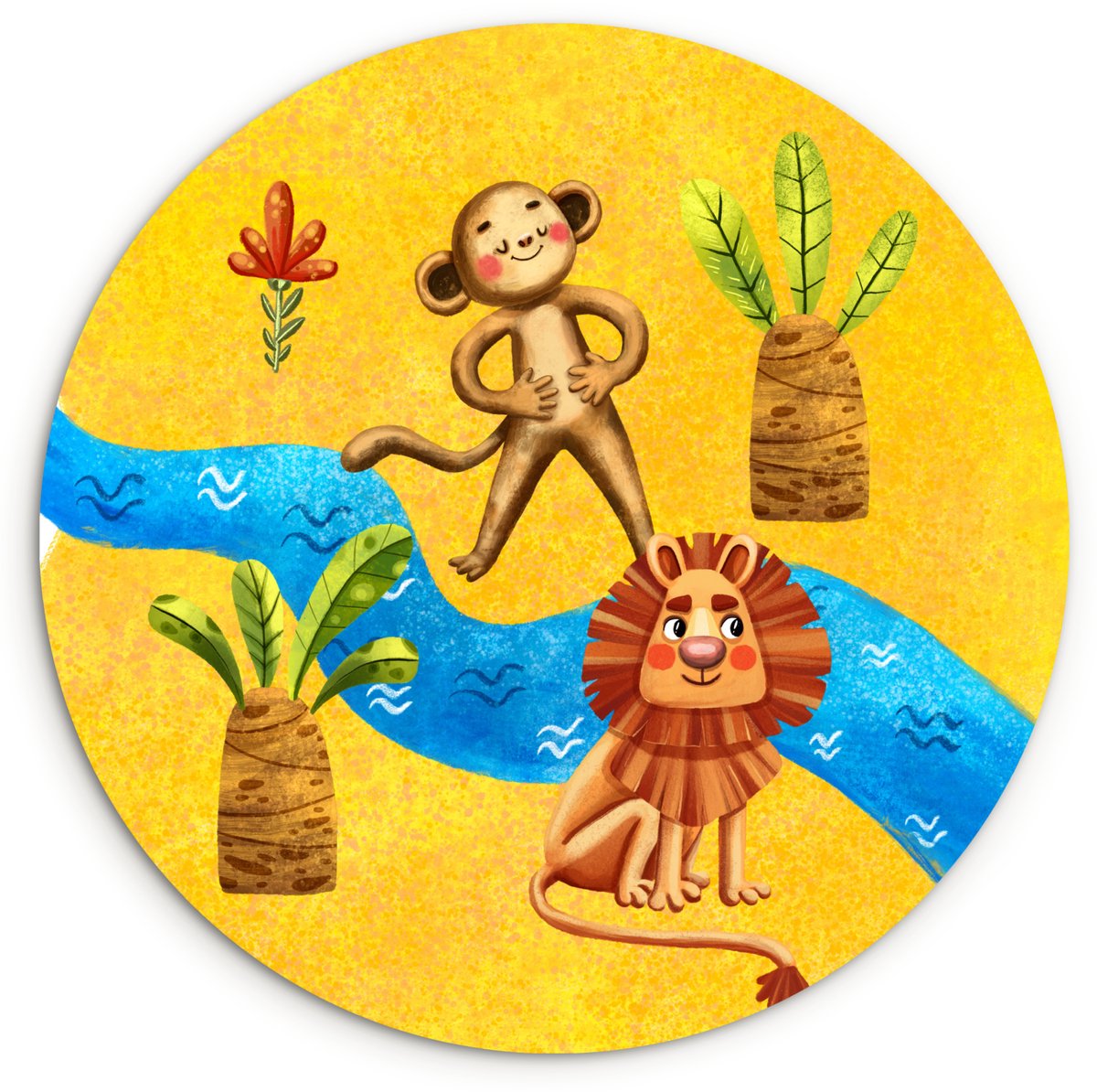 WallCircle Wandcirkel 150x150 cm - Muurcirkel Aap - Leeuw - Jungle - Rivier - Muurdecoratie woonkamer - Wanddecoratie slaapkamer - Kamer decoratie accessoires - Ronde schilderijen Multicolor