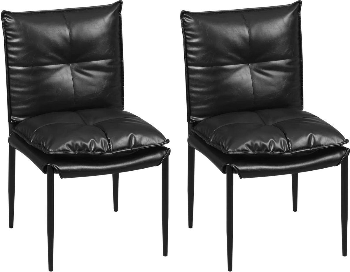 J&R Eetkamerstoelen Set van 2 – Zwart Kunstleer – Ergonomische Eetkamerstoelen met Metalen