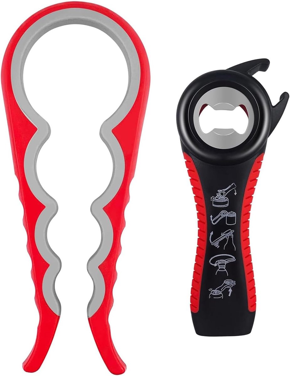 2 stuks glasopener, schroefdekselopener, flessenopener voor senioren, 5-in-1 en 4-in-1 multifunctionele glasopener, draaisluitopener, ontwerp voor blikopener, zwakke handen, senioren, artritis