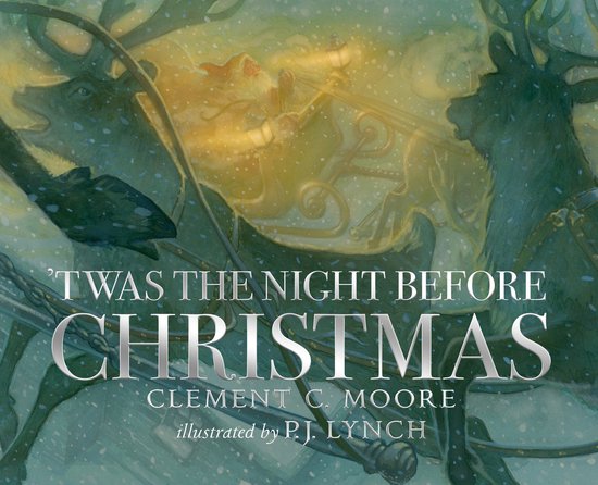 Boekomslag met de titel 'Twas the Night Before Christmas, geïllustreerd door P.J. Lynch, met een winterse scène van een slee met rendieren.