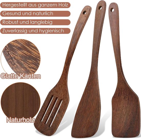 Spatels voor koken, keukenspatel van hout, houten spatel, keuken met nerf, lange handgreep, antiaanbaklaag, houten spatel voor wok, pan met antiaanbaklaag — afbeelding 2