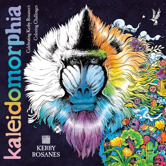 Boek 'Kaleidomorphia' met kleurrijke tekening van een baviaan met manen in regenboogkleuren, omringd door fantasiewezens en planten.