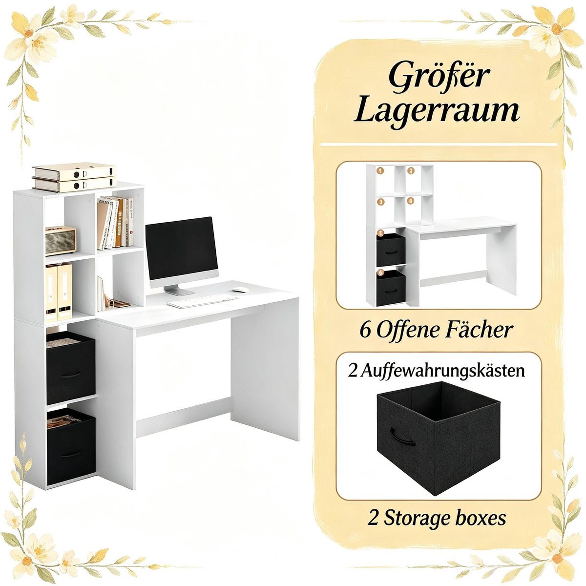 YYchan computerbureau - wit - 140,5 x 50 x 134 cm - met lade - met opbergruimte