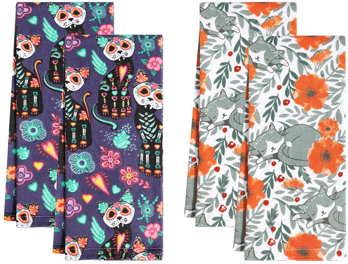 Dailygoods - Theedoeken kat keukenhanddoeken 4 stuks 100% katoenen theedoeken 45 x 70 cm handdoeken keuken reinigingsdoeken zeer absorberende vaatdoeken zachte staafhanddoeken voor het reinigen van