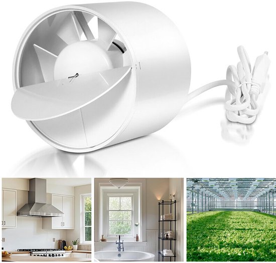 Ventilateur tubulaire blanc avec volets ouverts, cordon et prise. Montre une cuisine, une salle de bain et une serre.