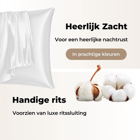 Een witte satijnen kussensloop met stof eroverheen gedrapeerd, naast een katoentak. Met de tekst 'Heerlijk Zacht' en 'Handige rits'.