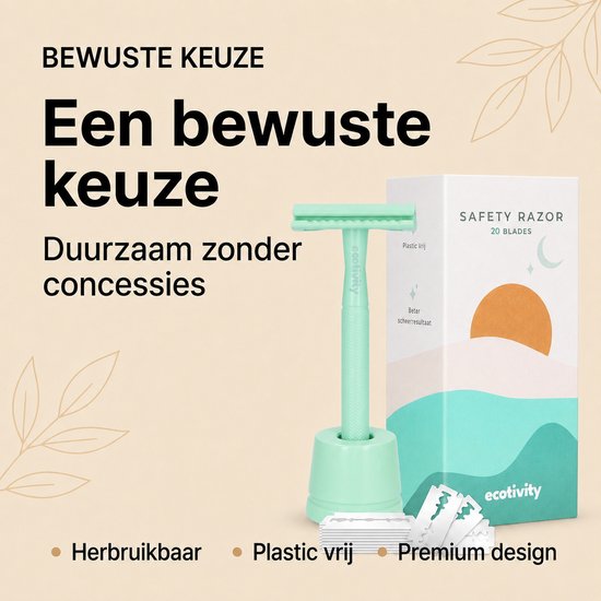 Mintgroen scheerapparaat met houder, verpakking en mesjes. "Premium design".