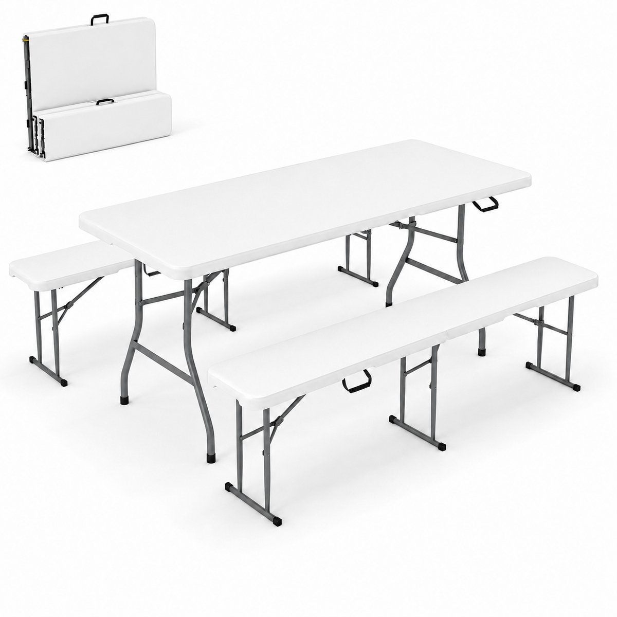 ADSafety Inklapbare Tafel met 2 Tuinbanken - Campingtafel - Picknicktafelset - Klaptafel Buiten - Wit