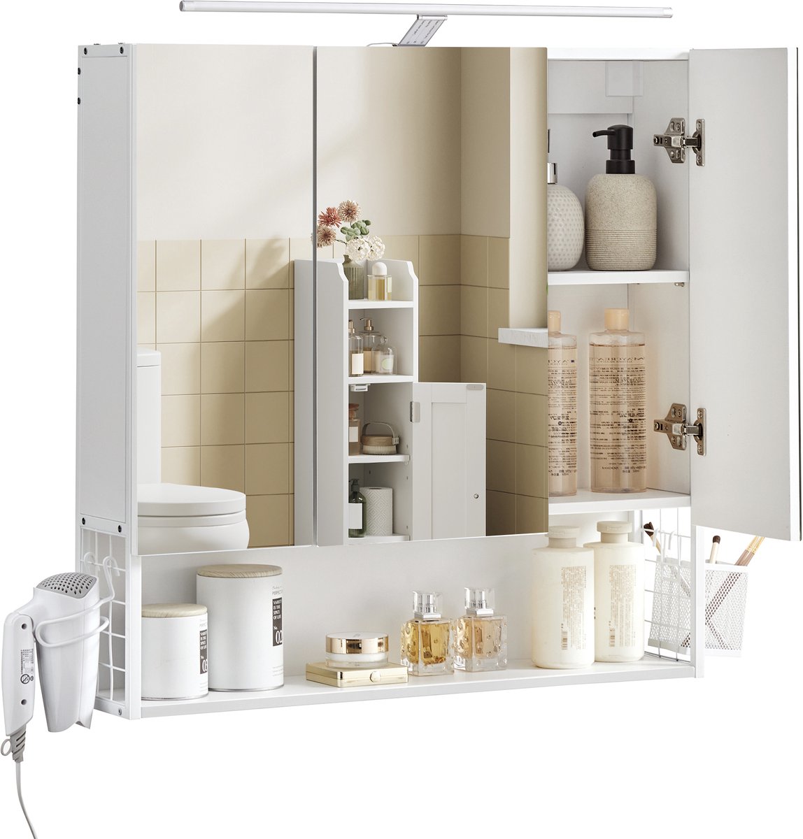 VASAGLE - Badkamerkast - Wandkast - Badkamer Kastje - Met Verlichting - 3 Deuren - Met Stopcontacten