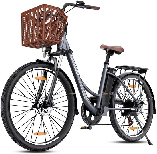 Vélo électrique gris pour femme avec panier marron, selle et batterie, sur fond blanc.
