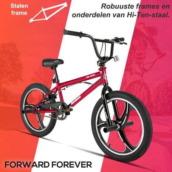 Rode BMX fiets met 'Forward Forever' tekst, 'Stalen frame' en afbeelding van een rijder.