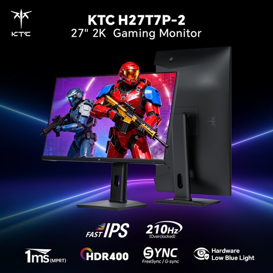 KTC H27T7P-2 27" gaming monitor met twee gamers in futuristische pakken op het scherm.
