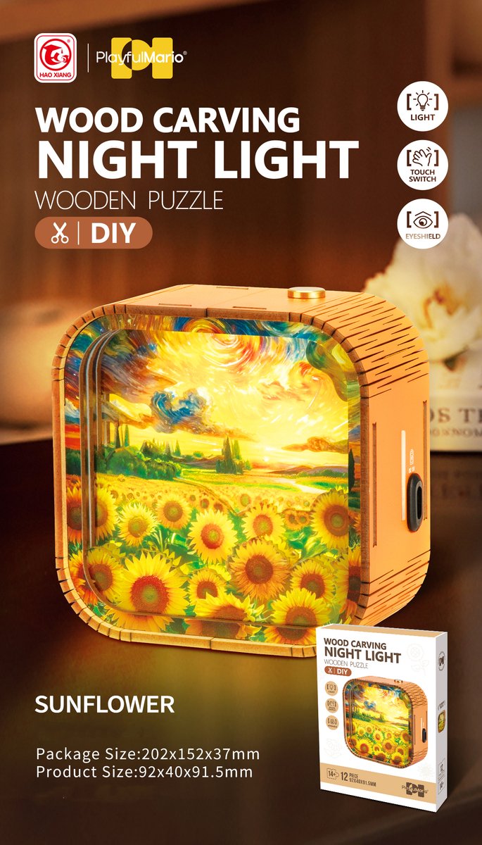 Kitcreatives- DIY Bouwpakket Nachtlampje Zonnebloemen- hout van Kitcreatives — afbeelding 2