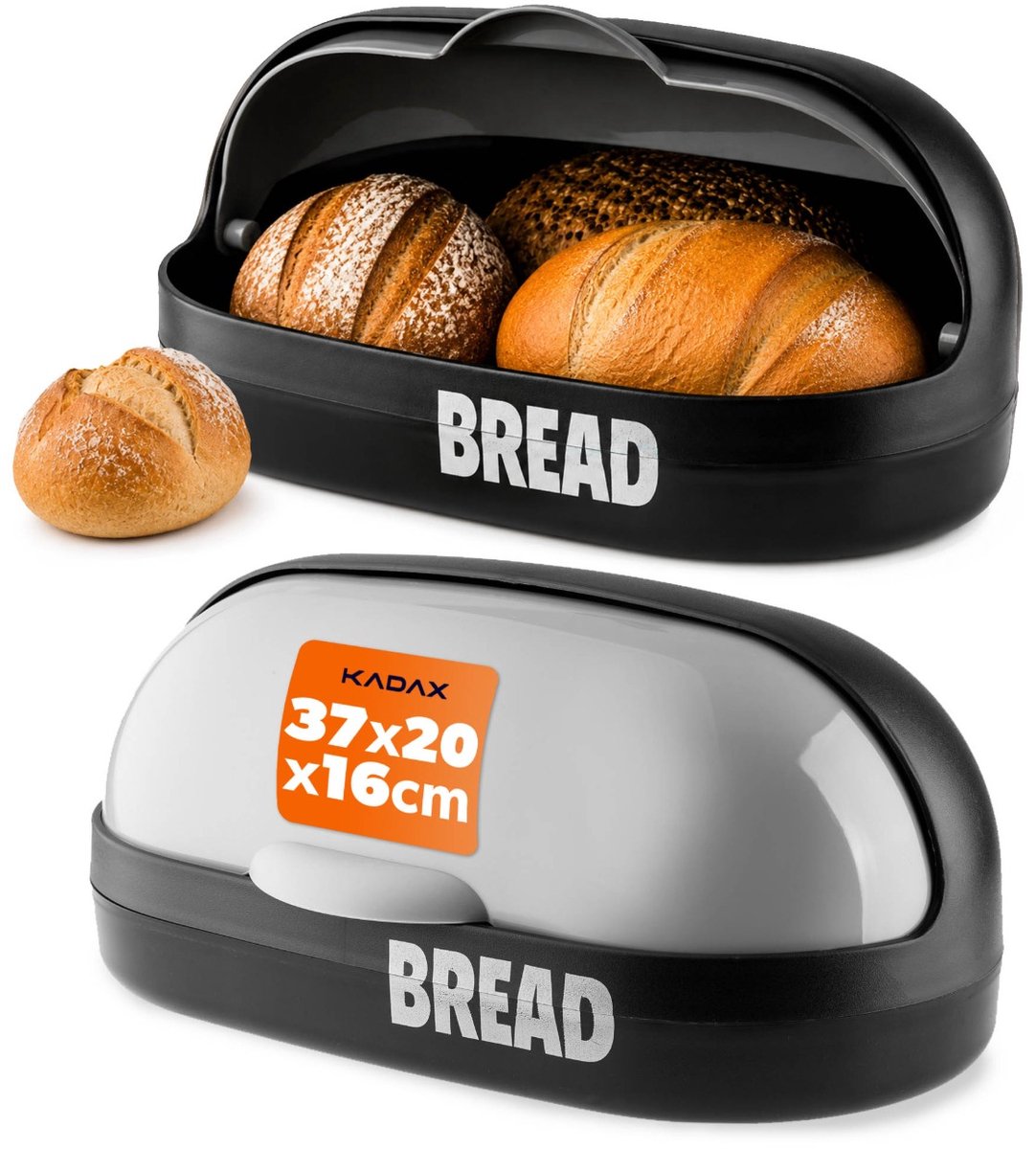 KADAX Ruime broodtrommel van kunststof, 37 x 20 x 16 cm, moderne broodtrommel met roldeksel, langer vers van brood, rolbroodtrommel met voorklep, grijs