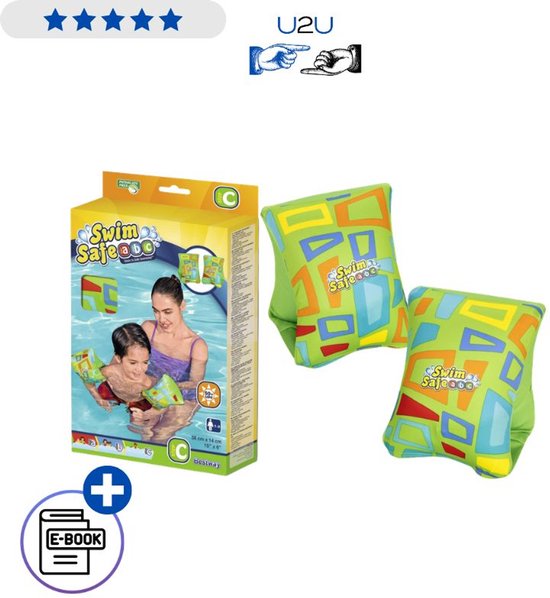 Verpakking en groene zwembandjes met geometrisch patroon, met "Swim Safe" logo en e-book icoon.