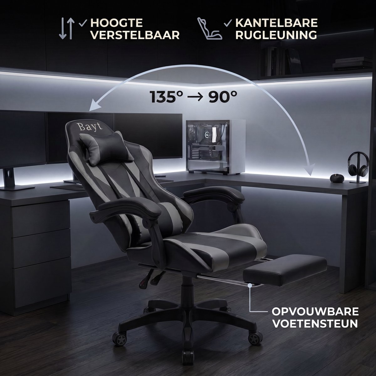 Bayt Gamestoel - Gaming Chair - Gamingstoel - Ergonomische Bureaustoel - Verstelbaar - Zwart en Grijs – foto 8