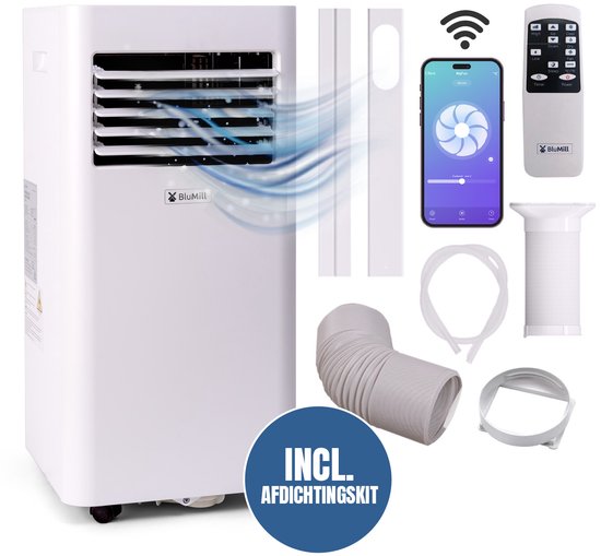 Mobiele airco BluMill 9000 BTU met wifi, ontvochtiger, ventilator, op wieltjes, voor kamers tot 25m2