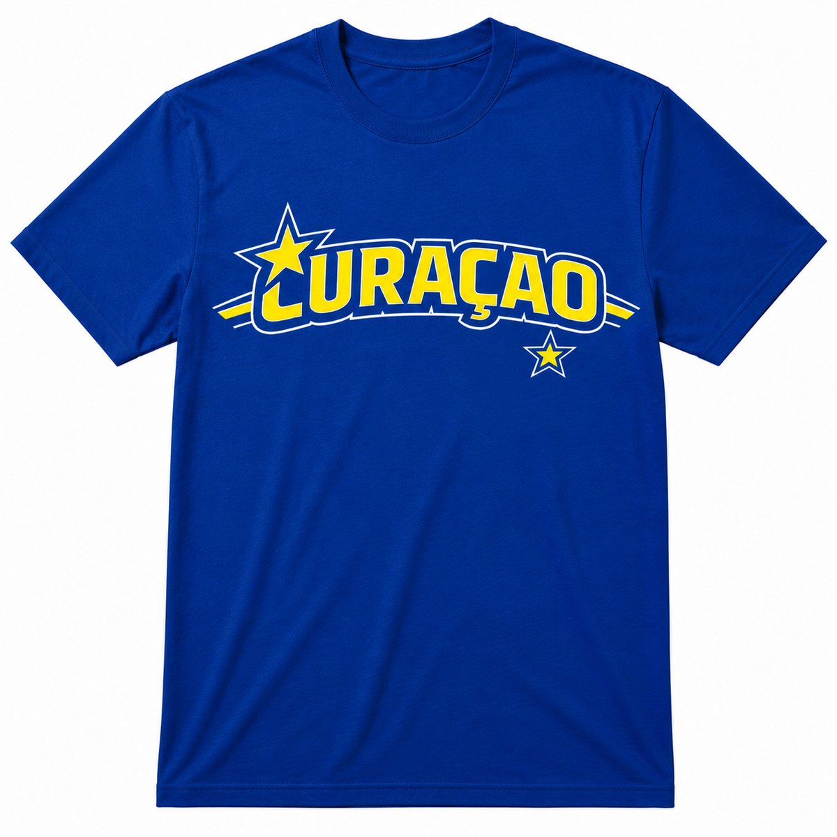 Curaçao WK Shirt 2026 – Blauw Voetbal Supportersshirt met Gele Curaçao Print – Unisex Heren & Dames