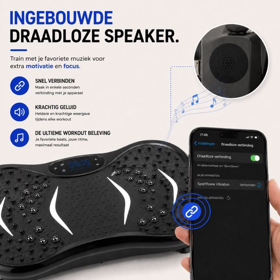 Zwarte trilplaat met een smartphone ernaast, waarop 'Sportfloww Vibration' staat. Muzieknoten geven de speakerfunctie aan.