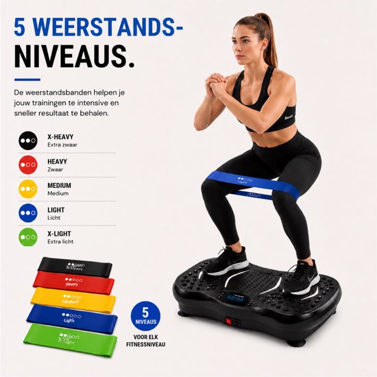 Vrouw doet een squat op een zwarte trilplaat met blauwe weerstandsbanden om haar benen. Naast de plaat liggen 5 weerstandsbanden.