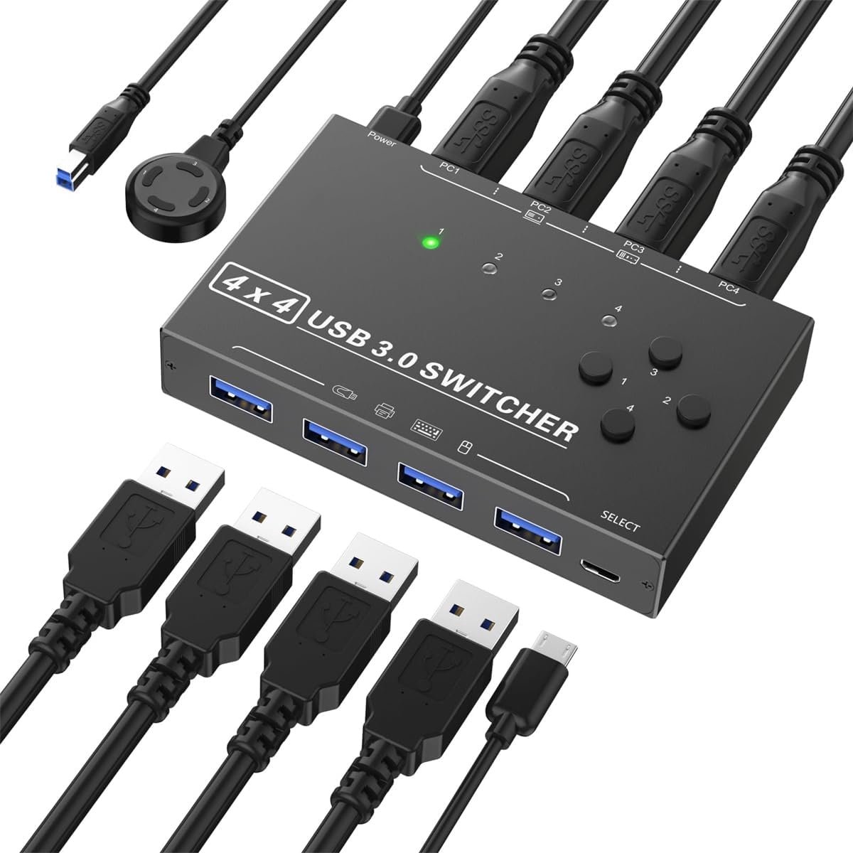 USB 3.0 Switch - Printer Delen Apparaat - Efficiënter Werken - Vier Apparaten Delen - 10 cm - Zwart