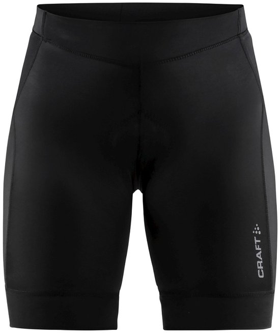 Zwarte fietsbroek met Craft-logo op de linkerbroekspijp.