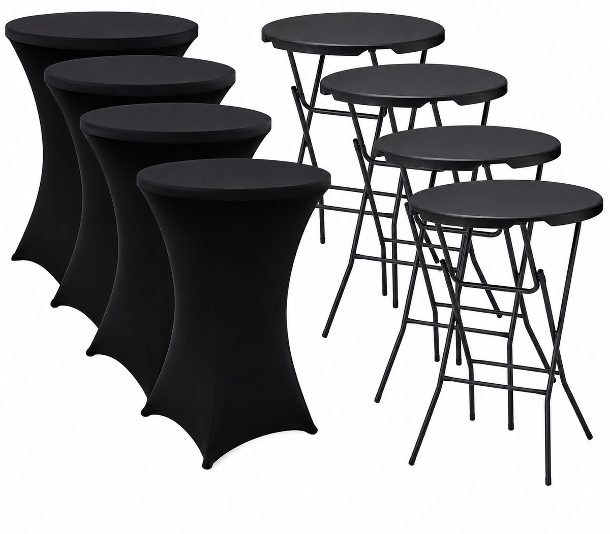 4x Zwarte Statafel + Zwarte Statafelrok x 4 – ø80 cm x 110 cm hoog - Cocktailtafel - Hoge staan tafel - Breed Blad - Inclusief zwarte Statafelhoes - Staantafelrok Stretch - Bartafel rond - Sta tafel Horeca
