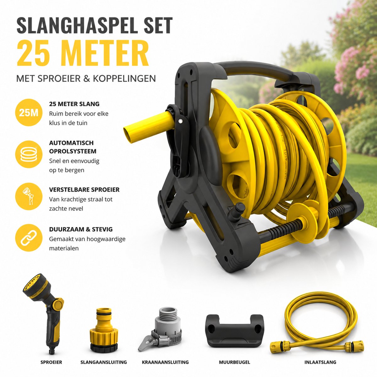 Tuinslanghaspel / Waterpistoolset / Slanghaspel – 25m vorstbestendige slang + 2m aansluitslang – Met 4 snelkoppelingen, straalpijp & sproeikop – Voor tuin, planten, auto & terras – Incl. handleiding