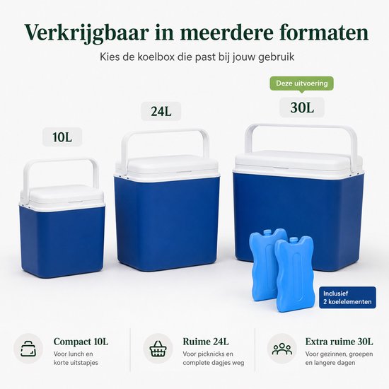 Koelbox 30 Liter - Inclusief 2 Koelelementen - Blauw/Wit - Met Draaghendel - 40,5 x 29,6 x 38,2 cm - Voor Camping, Strand, Picknick en Onderweg van Koelbox. — afbeelding 4