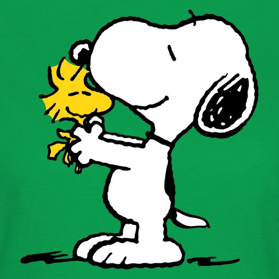 Groen T-shirt met Snoopy die Woodstock vasthoudt.