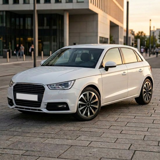 Witte Audi A1 hatchback met lichtmetalen velgen, geparkeerd op een geplaveide straat.