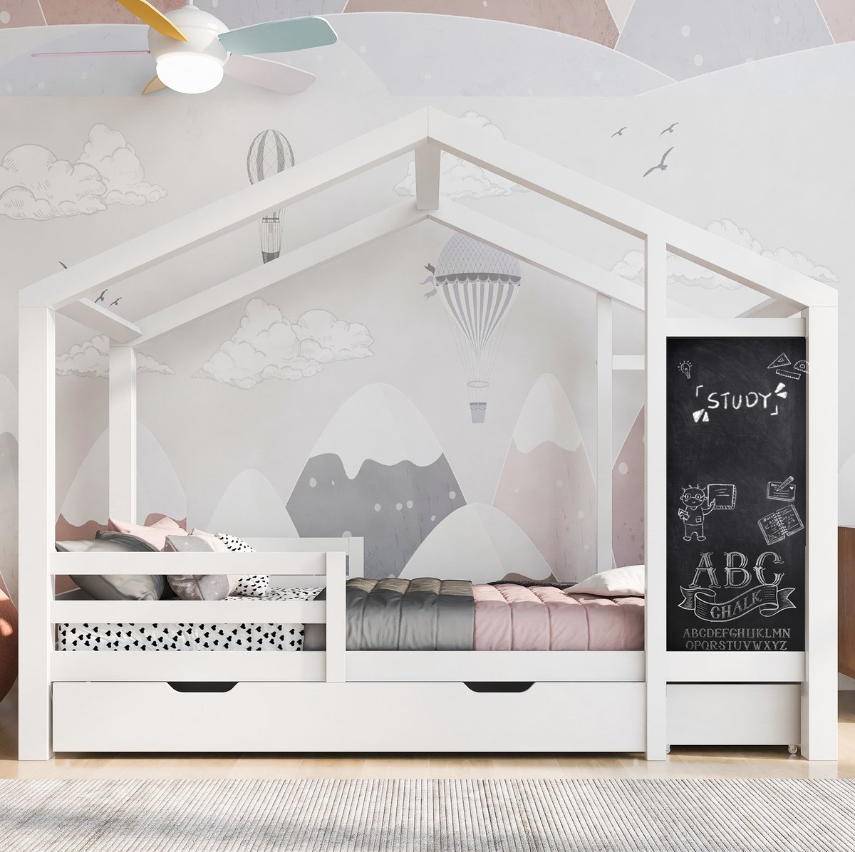 Kinderbed van katoen, 90 x 200 cm, houten bed met schoolbord en 2 lades, massief houten constructie, zijrails en lattenbodem, wit (matras niet inbegrepen).
