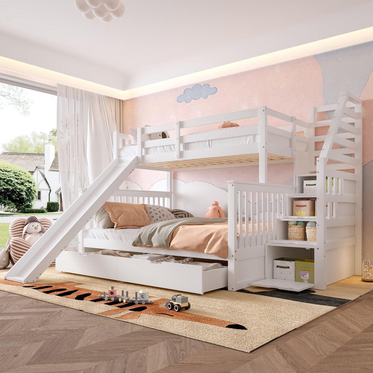 COVREO Stapelbed met glijbaan en opbergruimte – 254x238.5x163 cm – Kinderbed van hout en MDF – 90x200 en 140x200 – Wit - zonder matras
