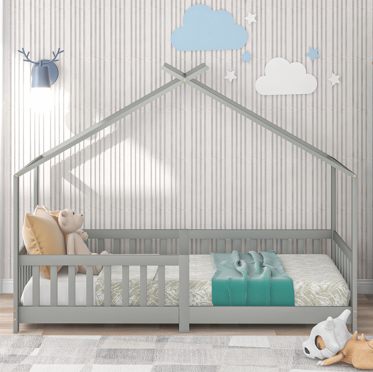 Prachtig cottagebed, kinderbed, massief hout, met zijrails en lattenbodem, voorzien van valbeveiliging, geschikt voor kinder- en tienerkamers, grijs (200x90 cm).