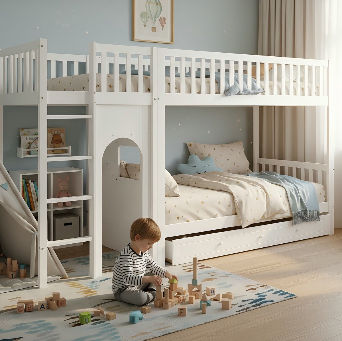 COVREO Stapelbed 90x200 cm wit, hout en MDF met rechte ladder en reling
