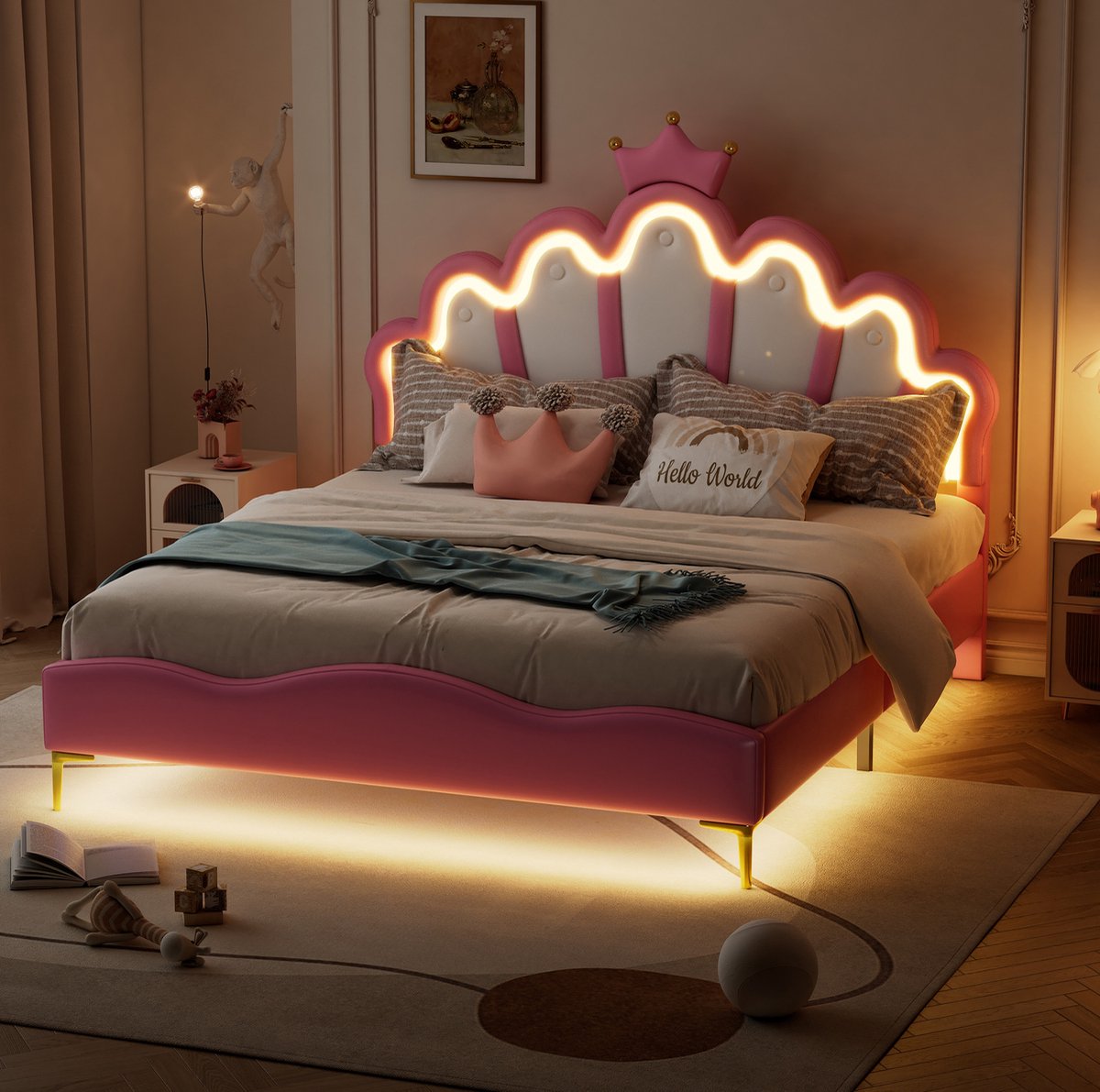 COVREO Bed 140x200 cm roze kunstleer met LED verlichting, zonder matras