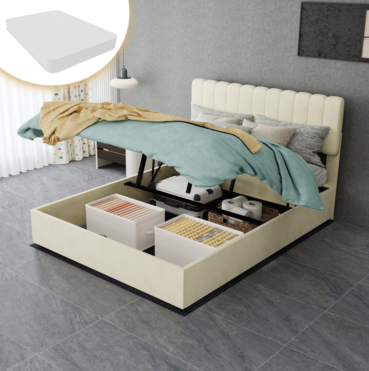 COVREO Modern minimalistisch gestoffeerd bed met een zacht en comfortabel hoofdeinde, 140x200 cm, beige, multifunctioneel slaapkamermeubel, hoog bedframe met opbergruimte, inclusief matras van 140x200 cm.