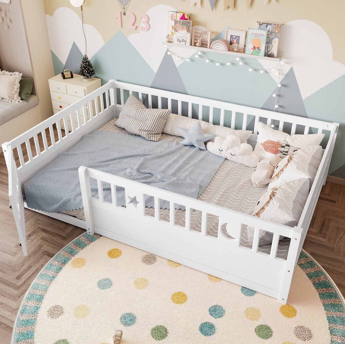 COVREO Kinderbed 140x190 cm – wit houten bed met veiligheidsgitter en afsluitbare zijdeur