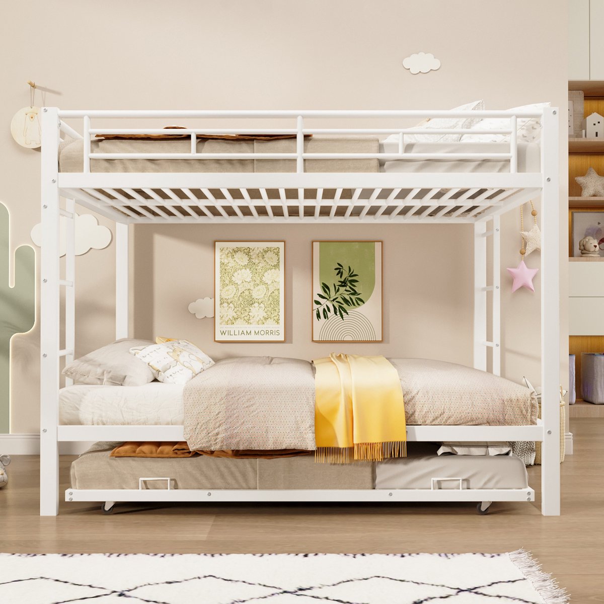 Stapelbed van 140 x 200 cm, bed met metalen frame, kinderbed, met neerklapbaar bed, hoge zijrails, matras niet inbegrepen, wit.