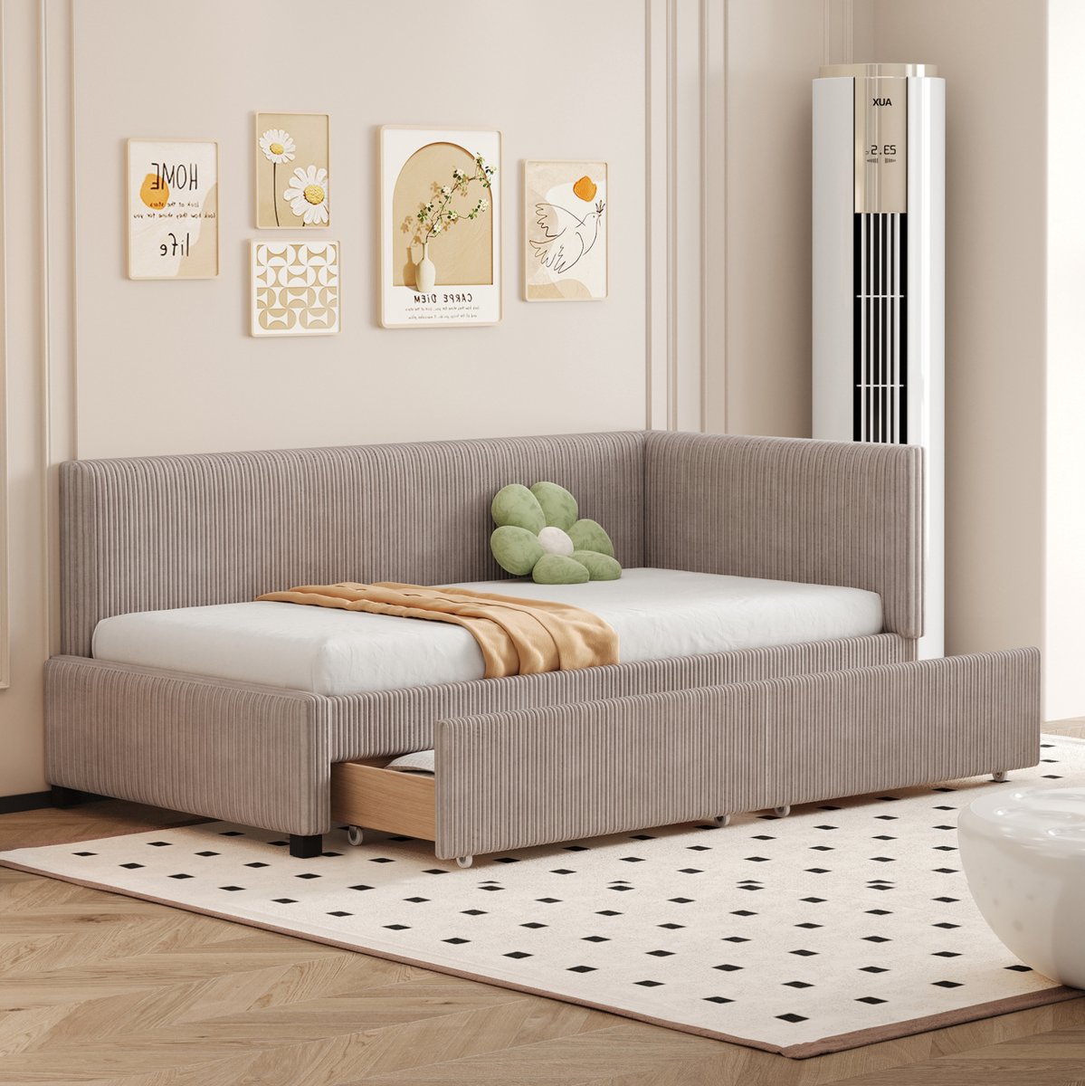 COVREO Slaapbank met 2 lades – 204,5x97x68 cm – Bedbank met lattenbodem – Logeerbed voor 1 persoon – Grijs/Beige - zonder matras