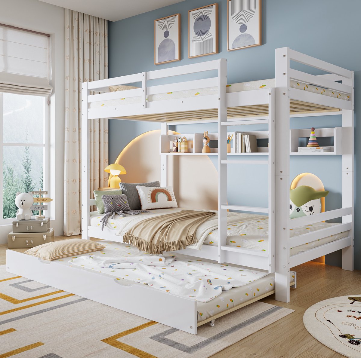 Kinderstapelbed, uitschuifbaar bed op wielen met een 2 meter lange plank, stevig bedframe en ladder, gemaakt van grenenhout, MDF en multiplex, wit, 90x200 cm.