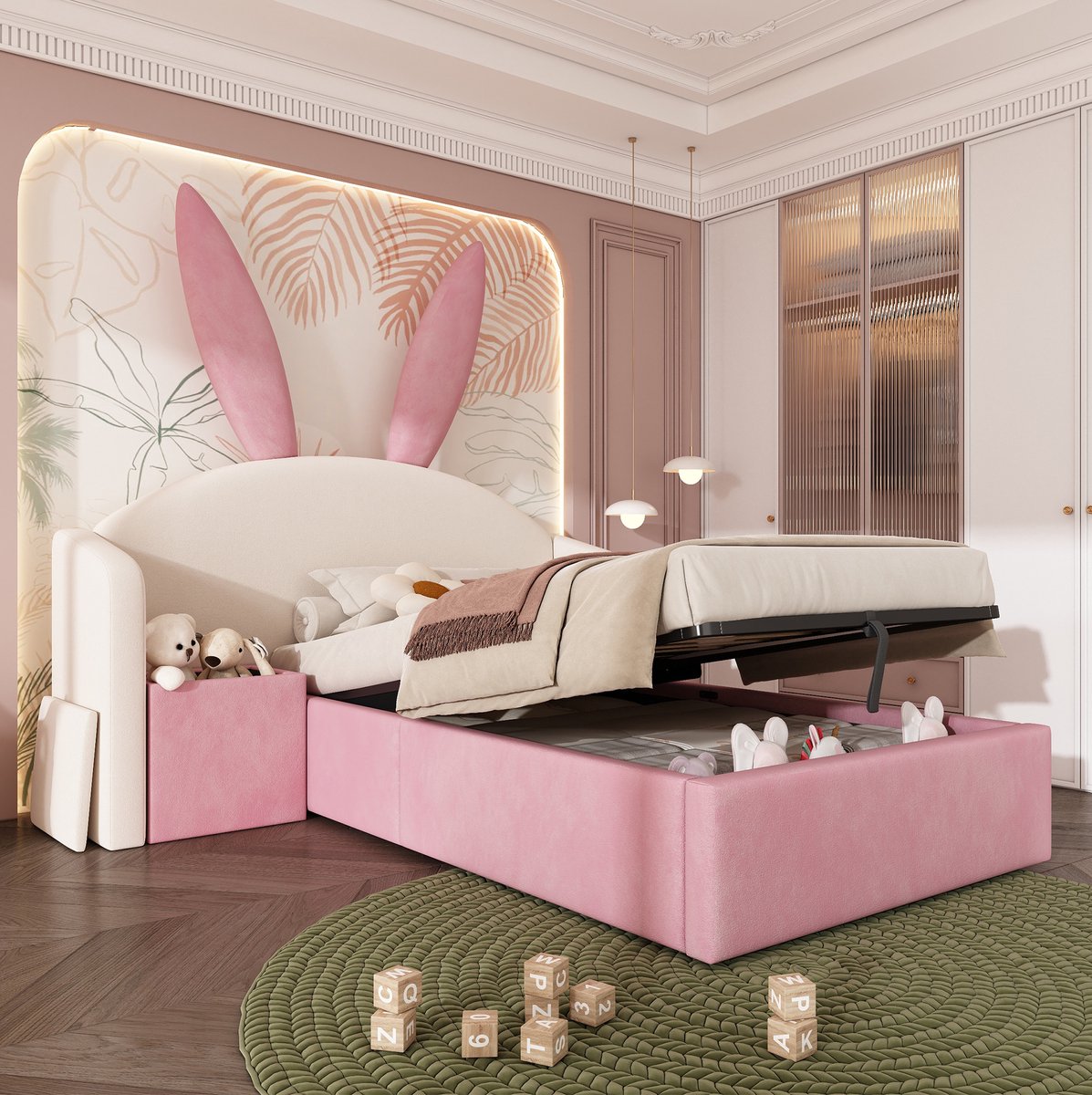 COVREO Kinderbed met nachtkastje – 90x190 cm – Bedframe met opbergruimte – Jeugdbed voor kinderkamer – Beige en roze - zonder matras