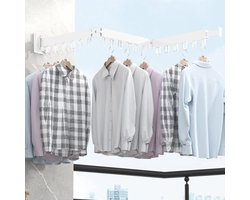 Webzon – Uitschuifbaar Wanddroogrek – Opvouwbaar Kledingrek voor Muur – 124 cm – 18 Haken – Ruimtebesparend Wasrek – Voor Balkon, Badkamer, Wasruimte en Slaapkamer – Wit