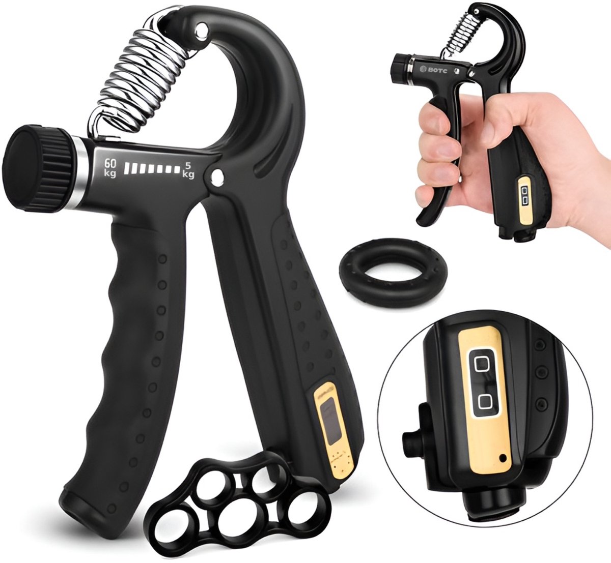 BOTC Handtrainer met Teller - 3-Delig Handtrainer - 5 tot 60 KG - Vingertrainer - Grip Trainer- Zwart