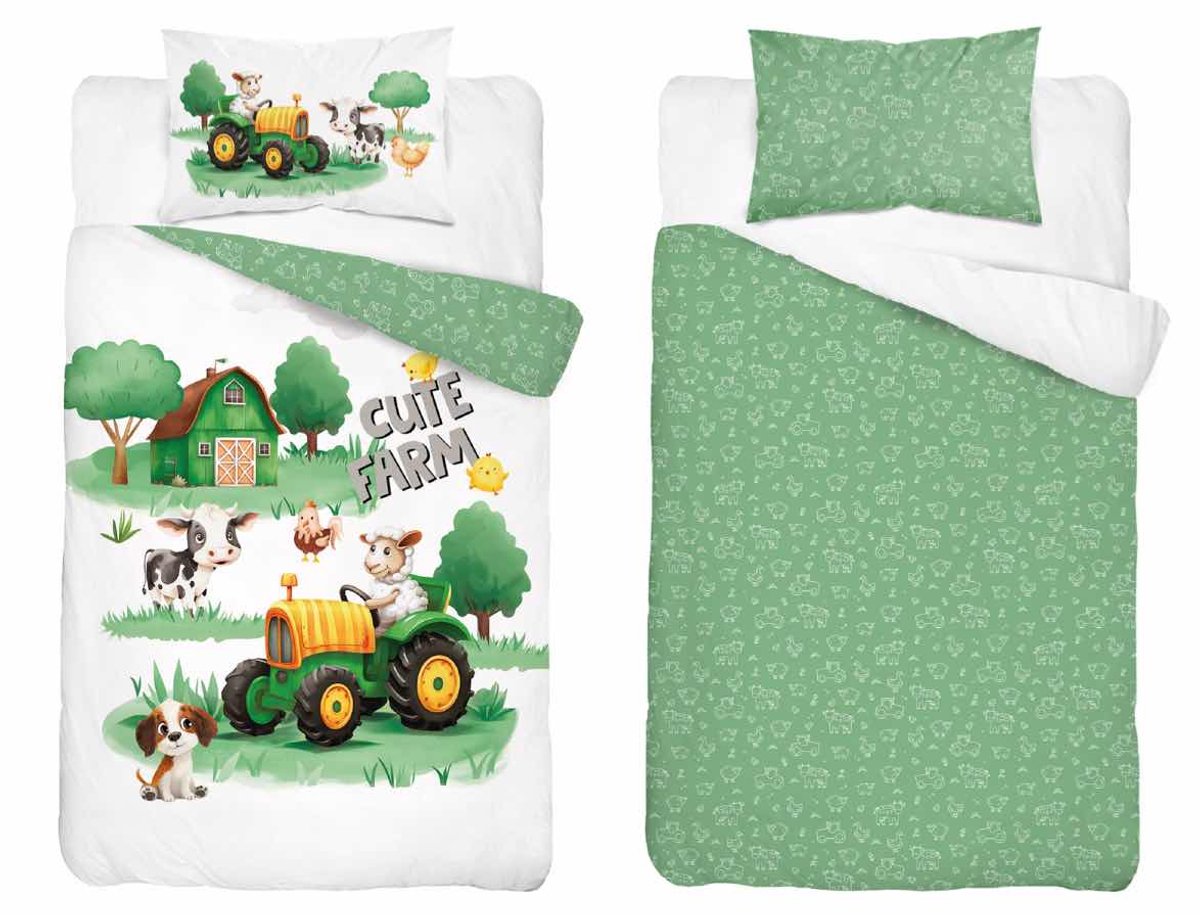 Farm Boerderij Dekbedovertrek 100x135 Katoen Duurzaam 2in1 Junior Peuter Ledikant Traktor Tractor Trekker
