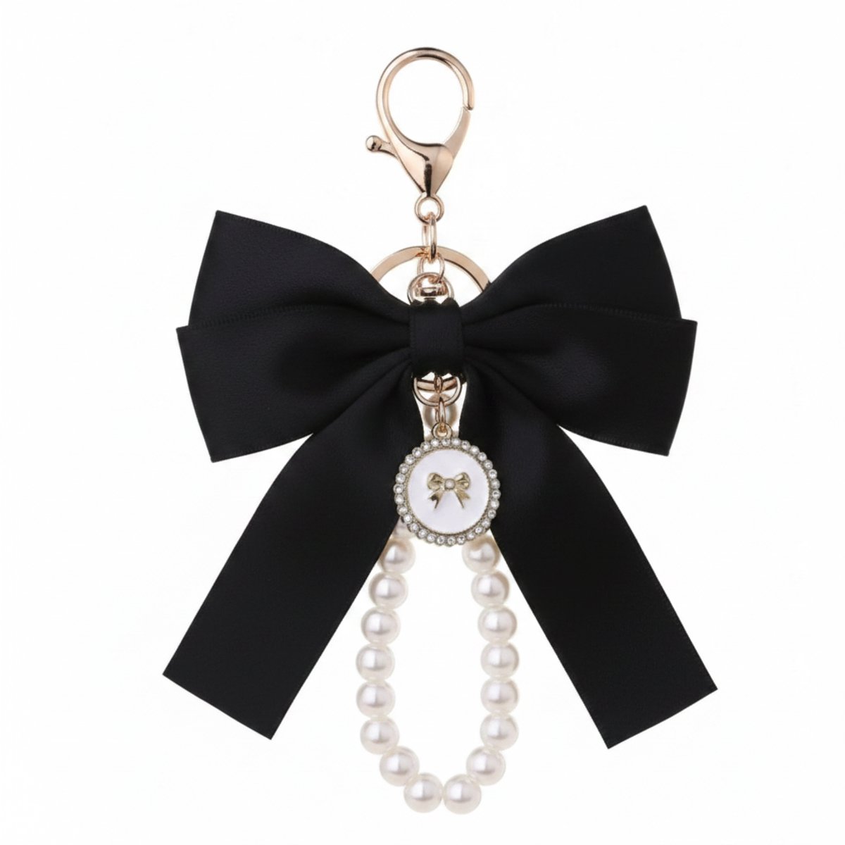 Luxe Strik Sleutelhanger met Parel Armband – Zwart Satijnen Strik met Gouden Details & Bedel – Cadeau voor Vrouwen – Auto Sleutelhanger Dames