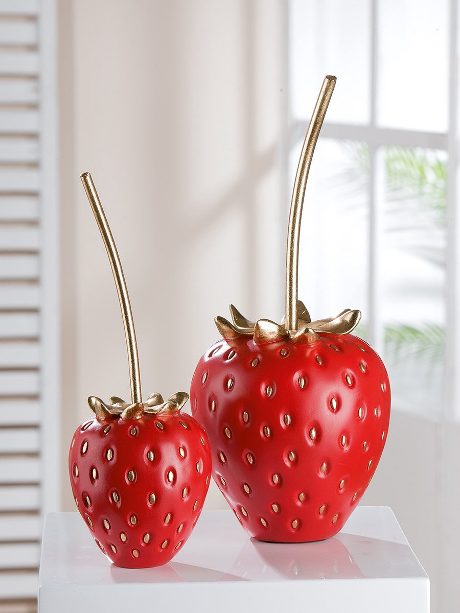 decoratie object aardbei - rood 15x15x35 cm - polyresin - rood met goud -= fruitdekoratie