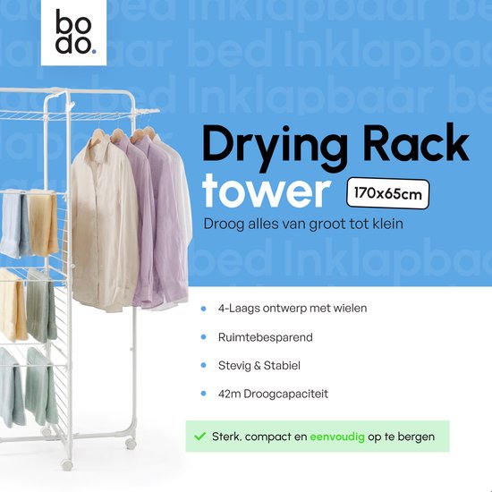 Grote witte droogtoren met vier lagen, 170x65cm, met kleding en handdoeken.