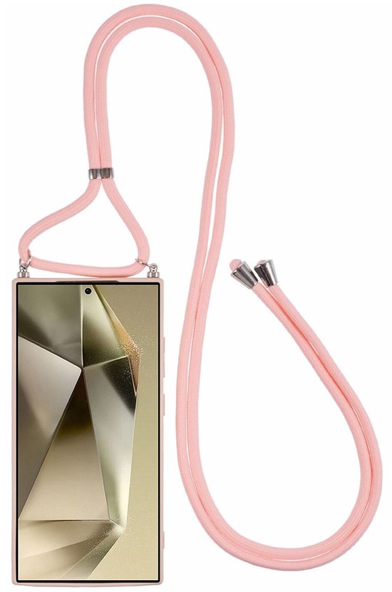 Roze hoesje voor telefoon met een geometrisch behang en een roze koord.