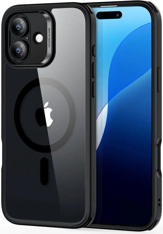 Zwart iPhone hoesje met een doorzichtige achterkant en versterkte randen, naast een iPhone.
